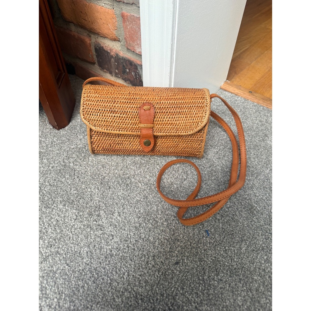 Handwoven Rattan Crossbody Bag Wicker Straw Purse Blue Batik Lining Boho
